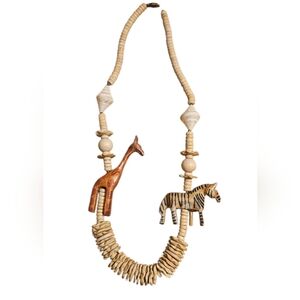 Vtg Handmade African Safari Necklace Wood Beads Giraffe Zebra Statement Jewelry